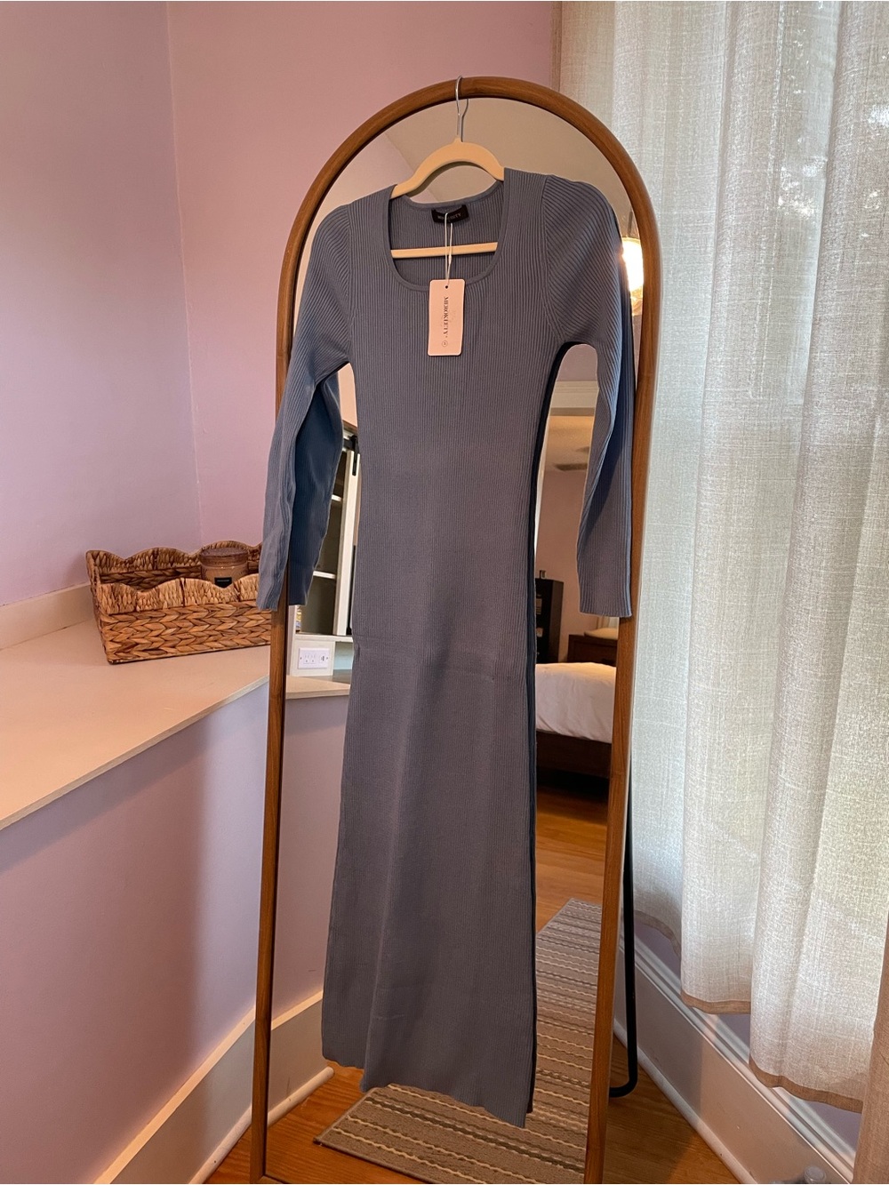 Women's Long Sleeve Bodycon Maxi Ribbed Knit Sweater Dress - Grey Blue, NWT